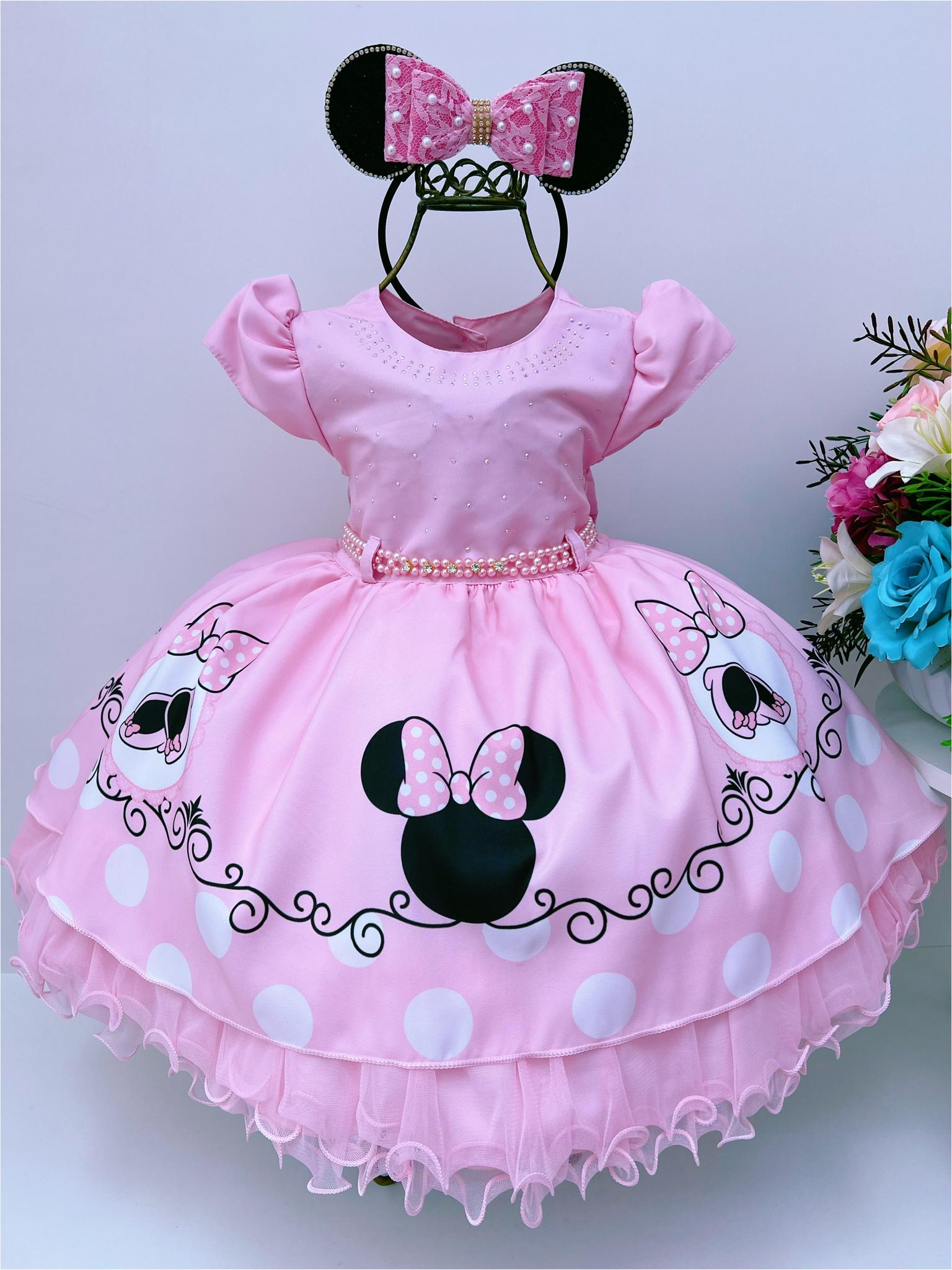 Vestido Infantil Minnie Rosa Bolinhas e Cinto de Pérolas
