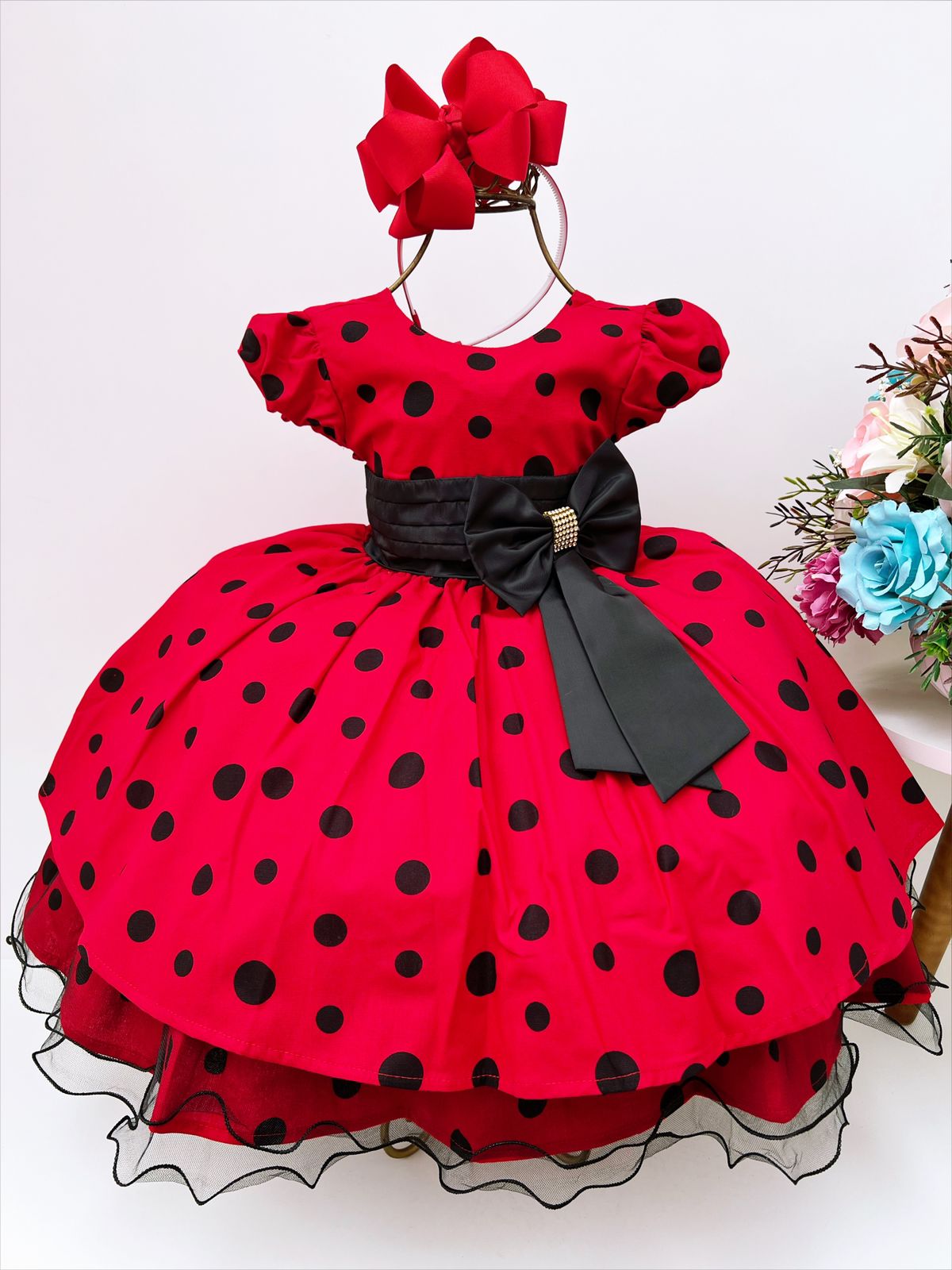 Vestido Infantil Minnie Vermelha Bolinhas Pretas Luxo Festa