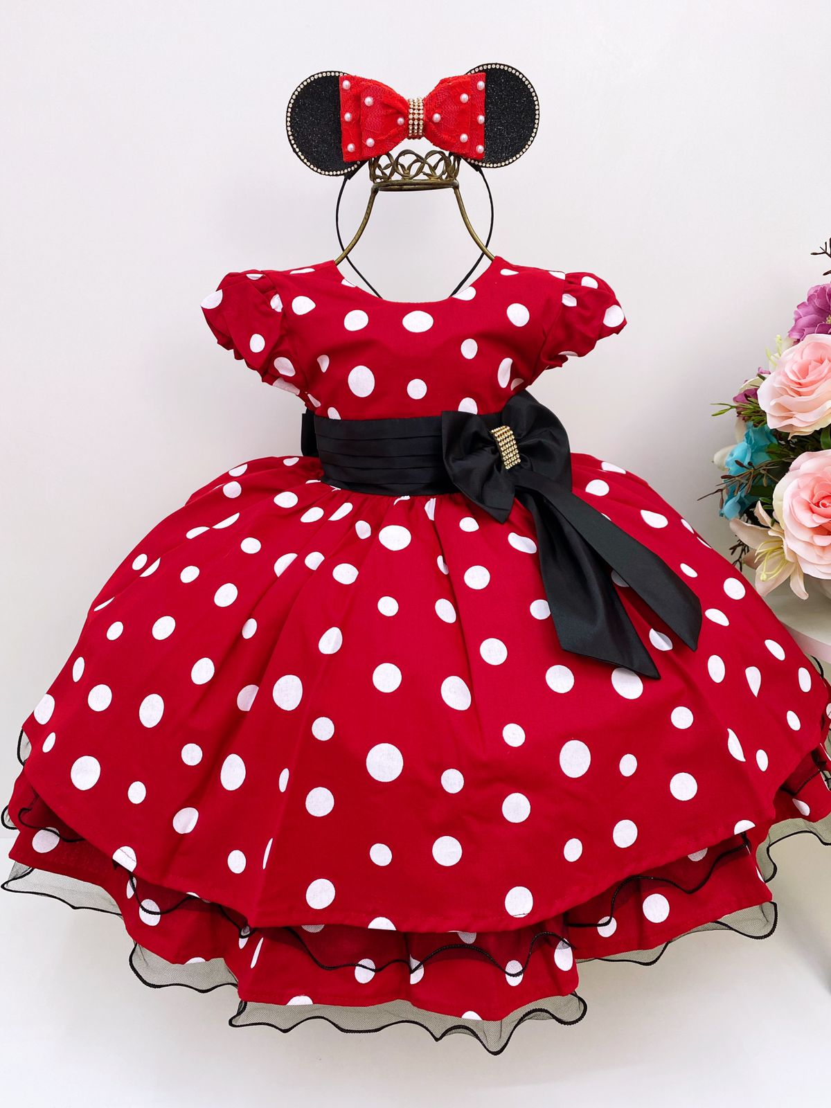 Vestido Infantil Minnie Vermelho Bolas Brancas e Cinto Preto