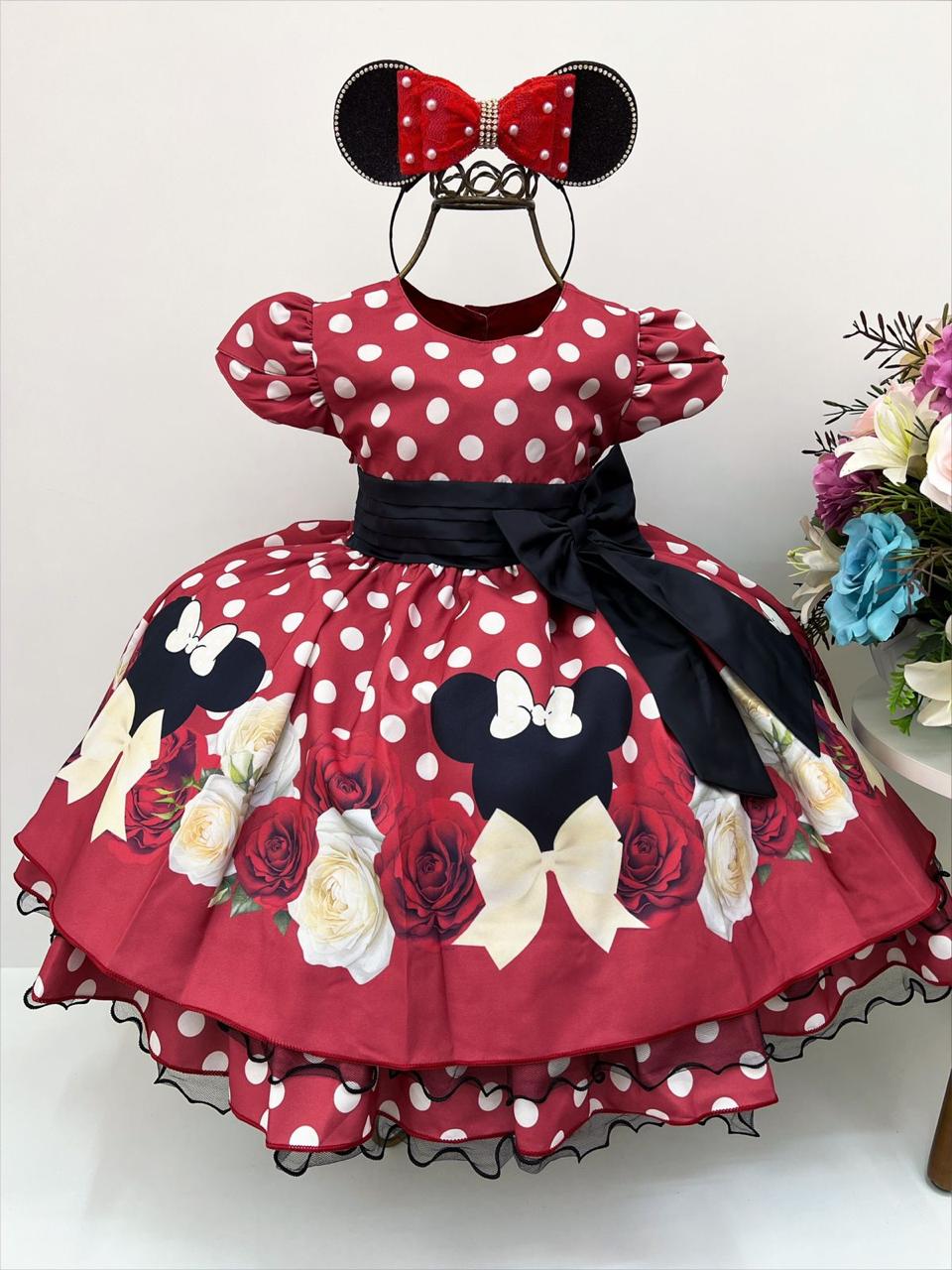 Vestido Infantil Minnie Vermelho Busto Floral Saia Bolinhas
