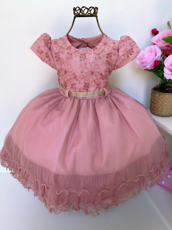 Vestido Infantil Rosê com Babados Pérolas Brilho Luxo