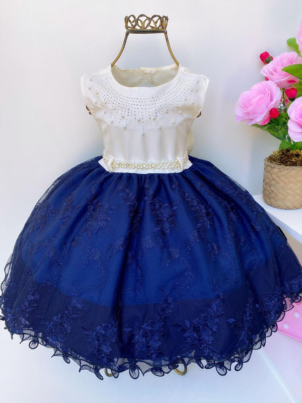 Vestido Infantil Off e Azul Marinho Rendado Luxo Pérolas