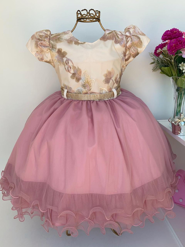 Vestido Infantil Off e Saia Rosê Luxo Festa Princesa
