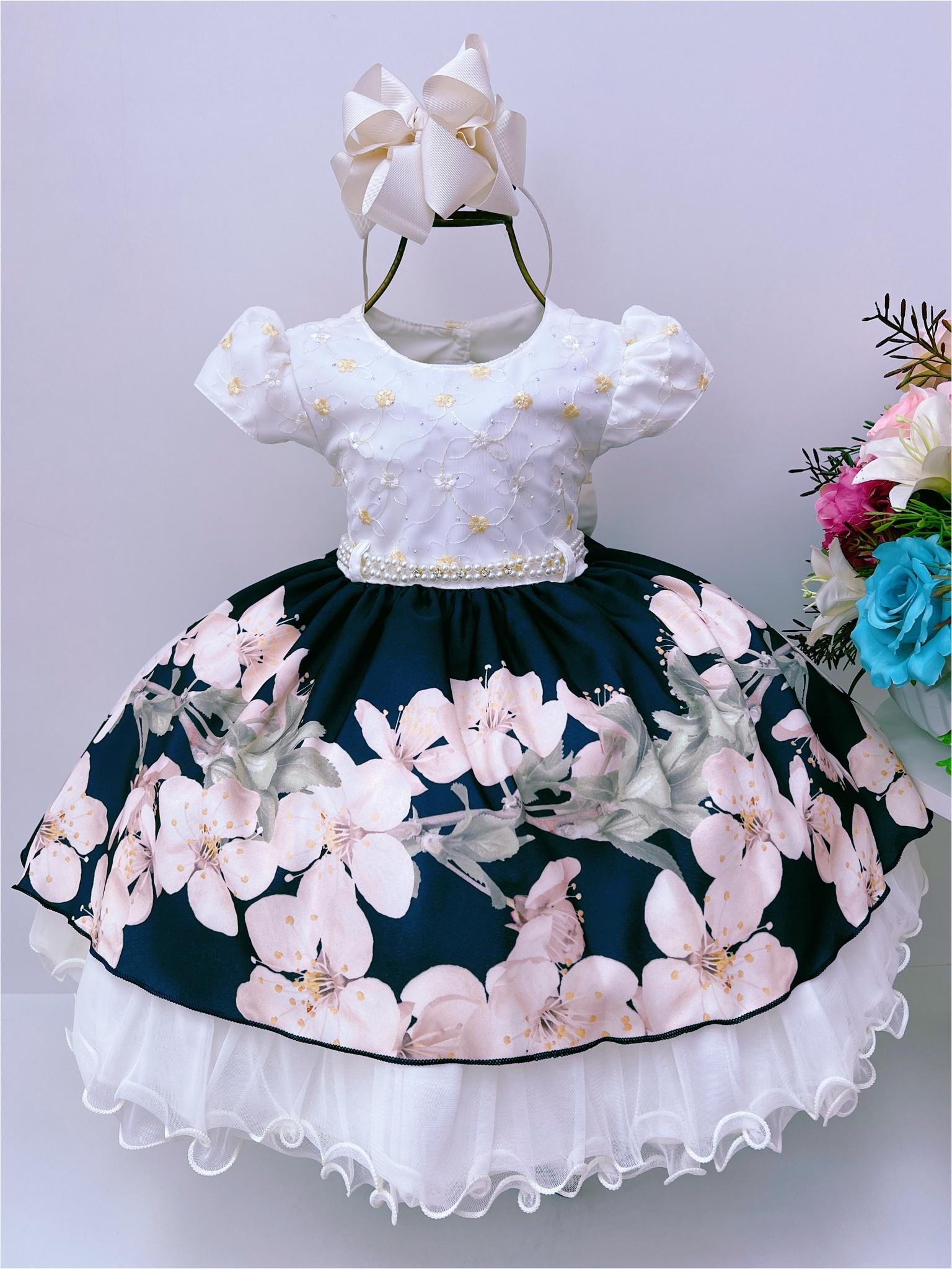 Vestido Infantil Off Floral Cinto Pérolas e Apliques