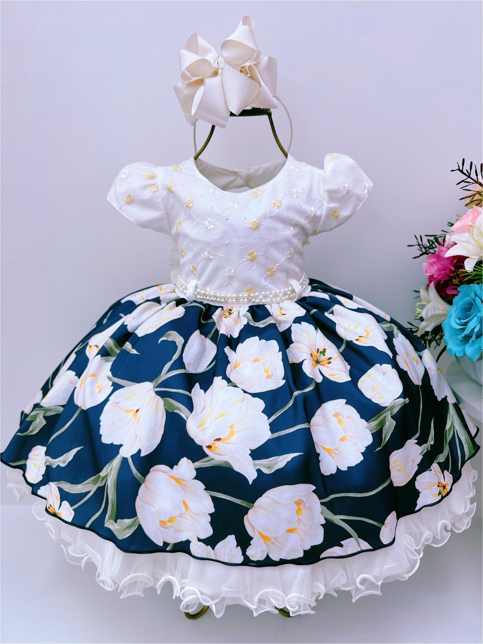 Vestido Infantil Off Saia Floral Cinto Pérolas e Apliques
