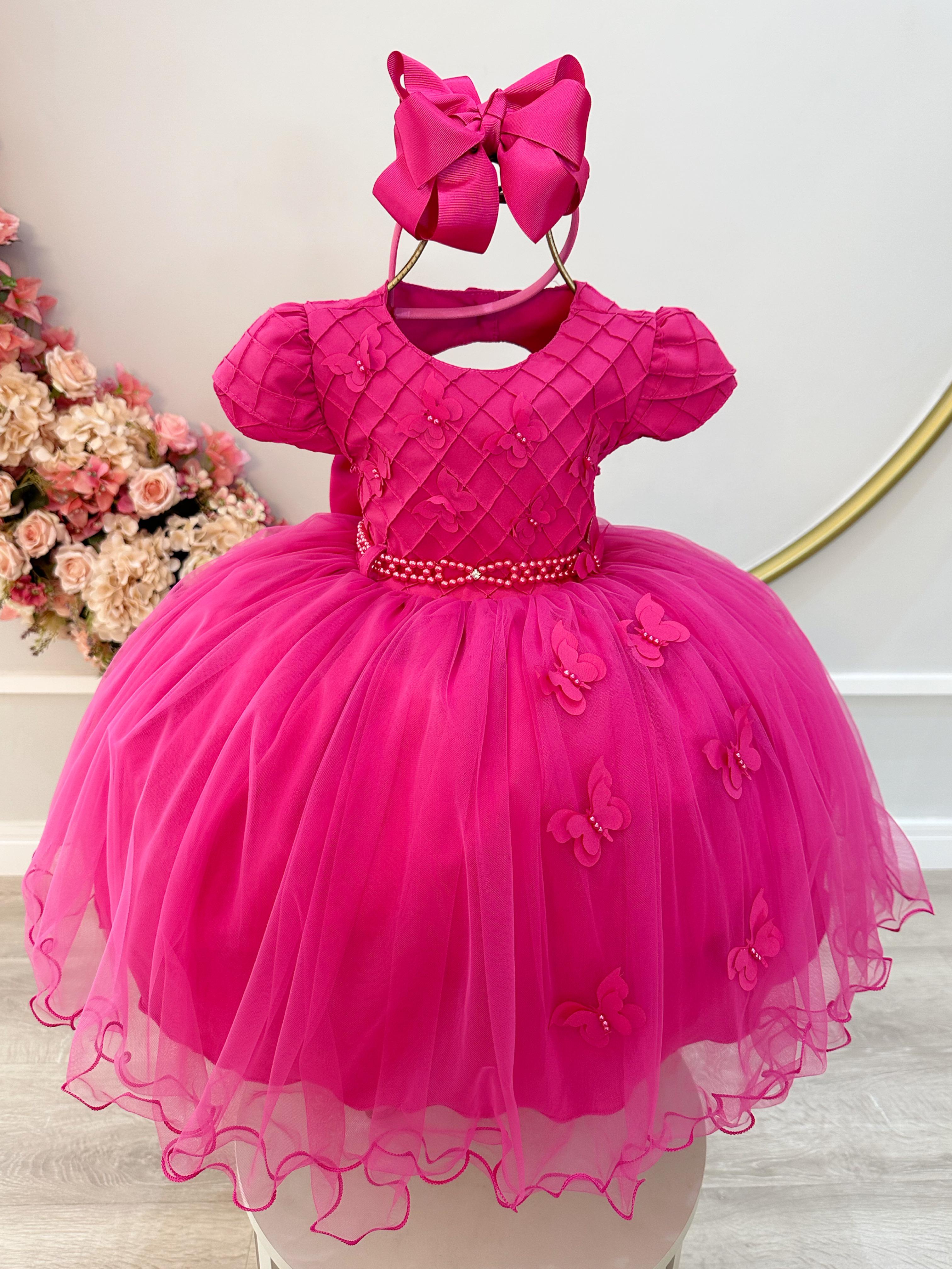 Vestido Infantil Pink Busto Nervura Com Apliques Daminha