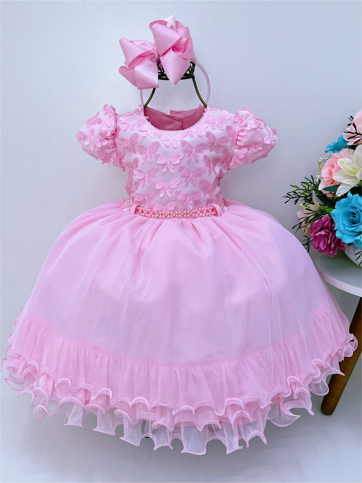 Vestido Infantil Rosa Aplique de Borboletas Cinto de Pérolas