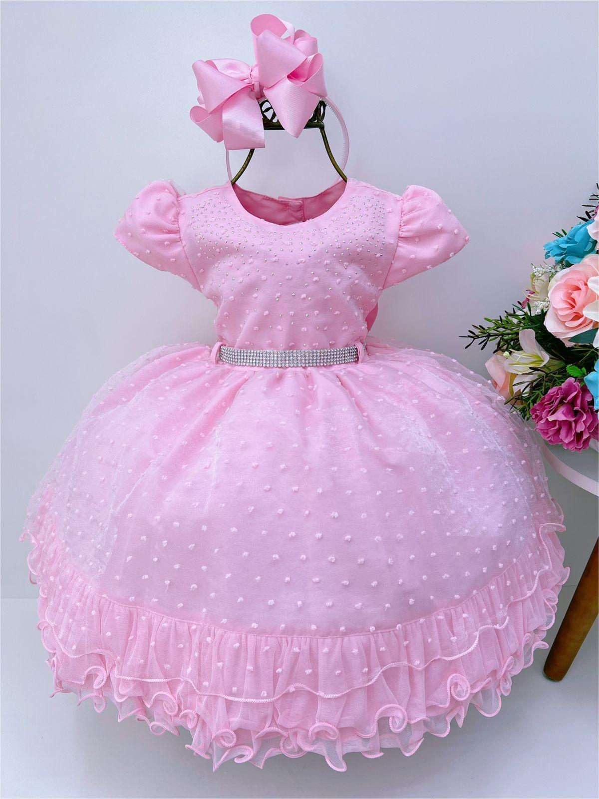 Vestido Infantil Rosa Batizado Babados e Strass