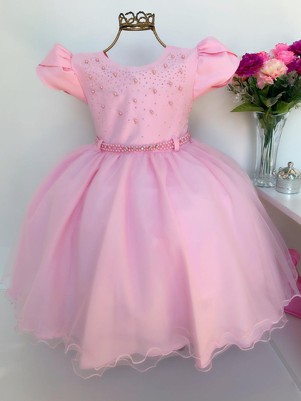 Vestido Infantil Rosa Bebê Princesa Luxo Festa Aniversário