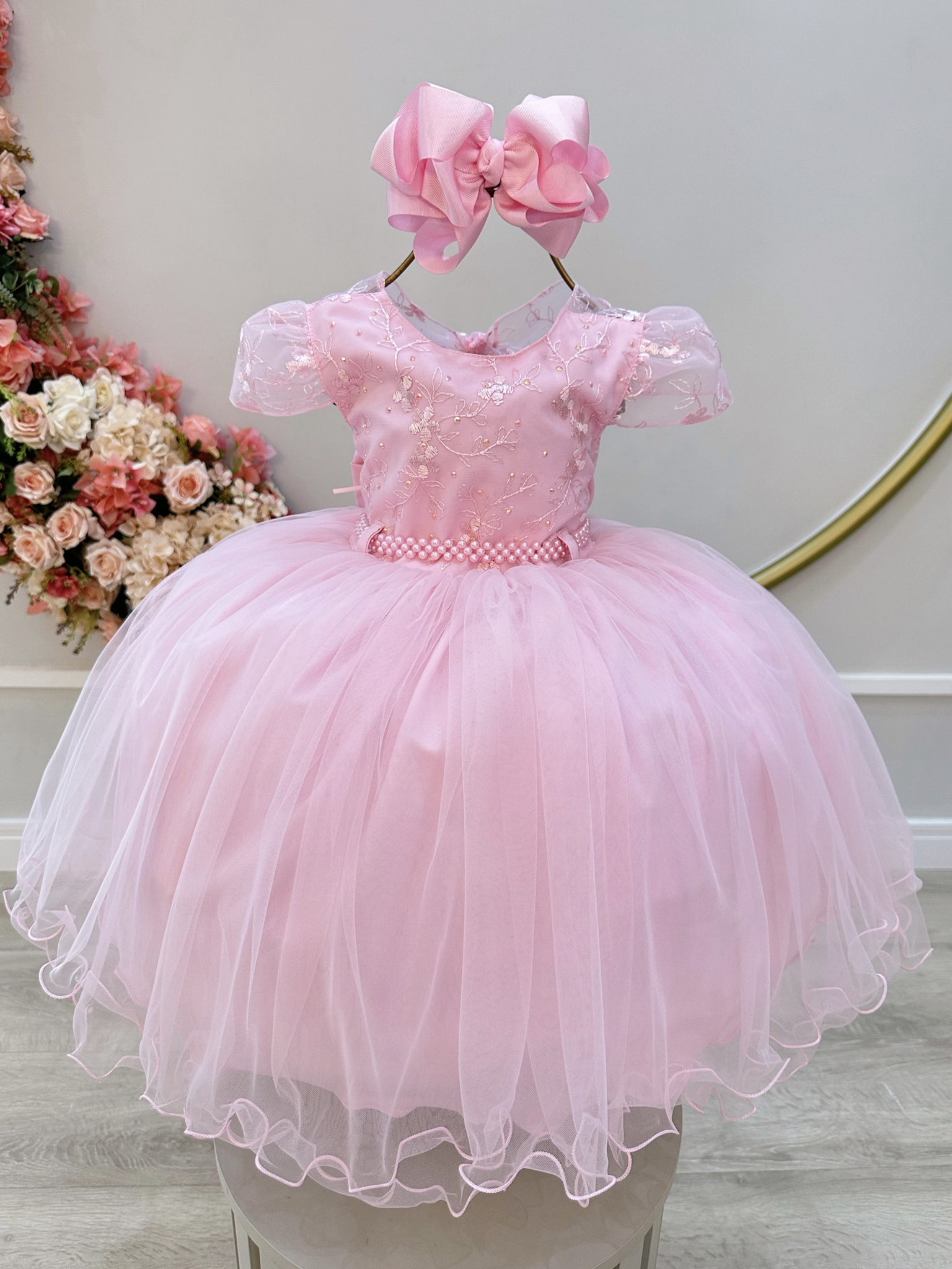 Vestido Infantil Rosa Busto Com Renda Daminhas Batizados