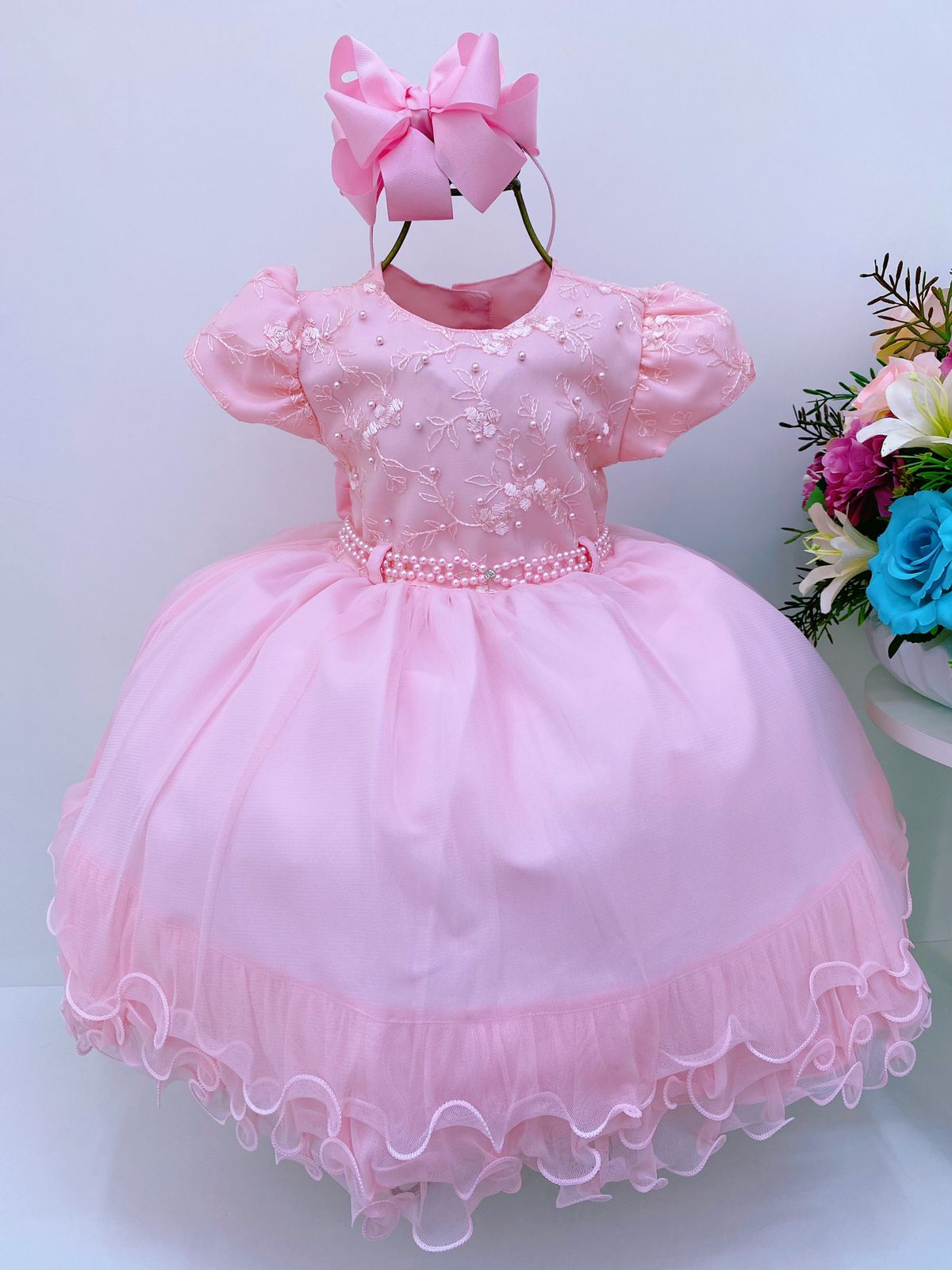 Vestido Infantil Rosa C/ Babados Renda Cinto de Pérolas Luxo