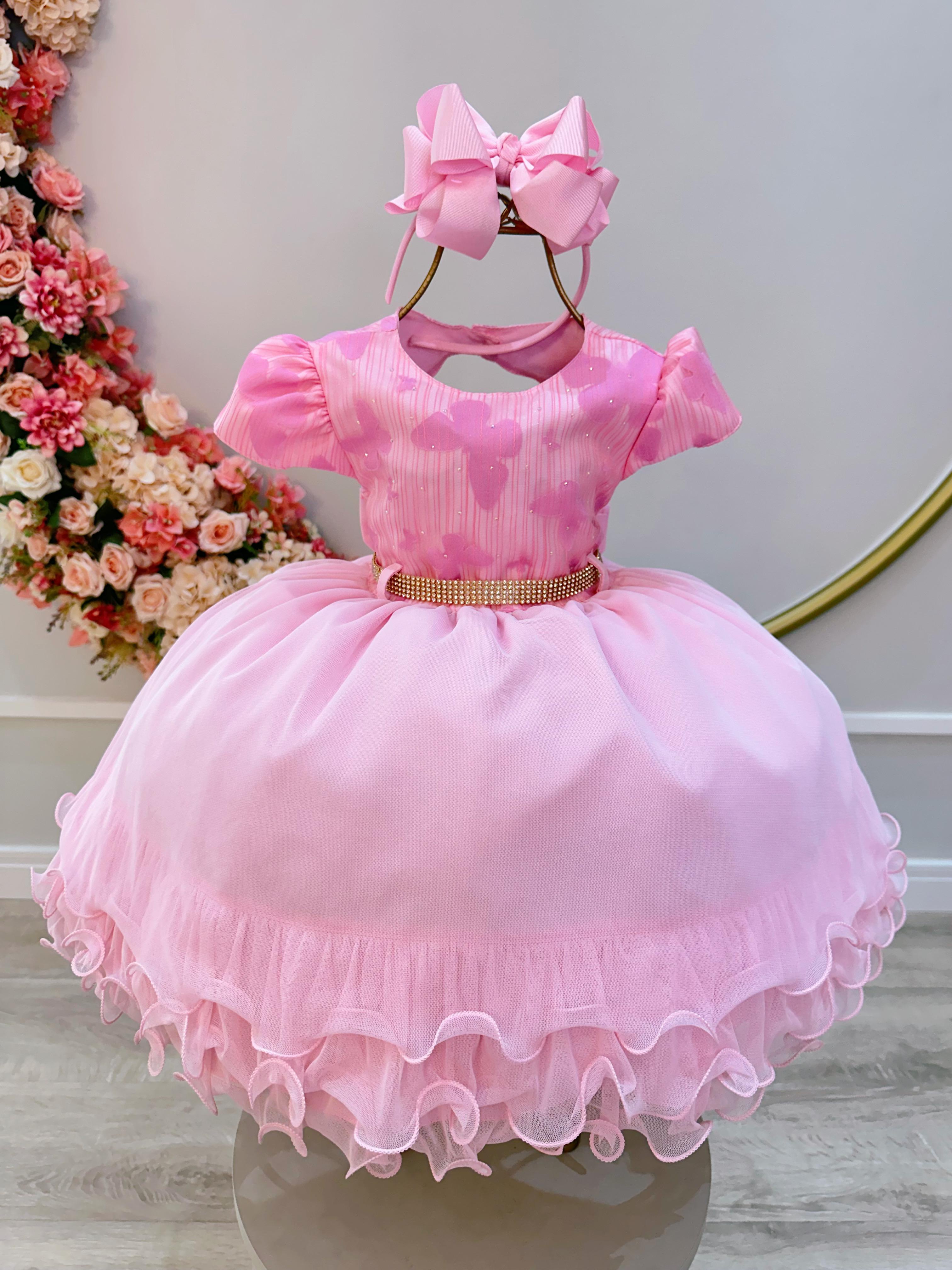 Vestido Infantil Rosa C/ Borboletas e Strass no Busto Luxo