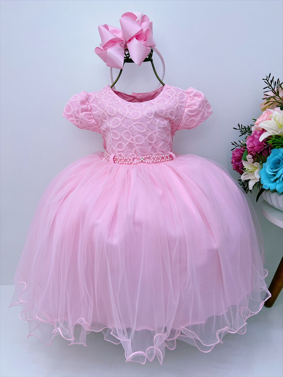 Vestido Infantil Rosa Com Renda Strass e Pérolas