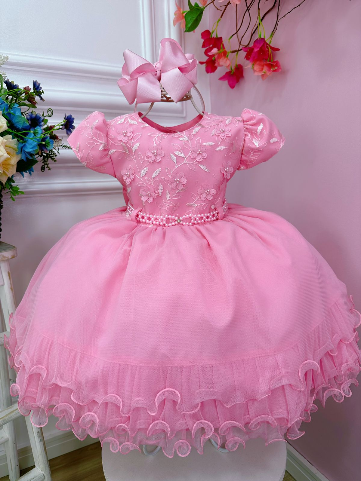 Vestido Infantil Rosa Chiclete Aplique Flores Renda Pérolas