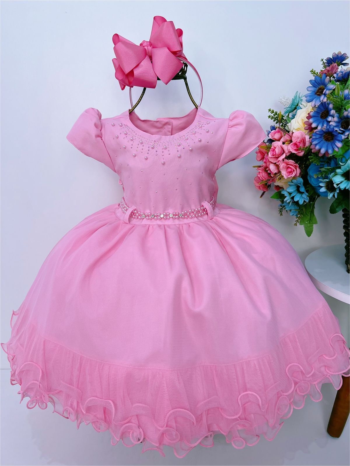Vestido Infantil Rosa Chiclete Peito Com Strass e Pérolas