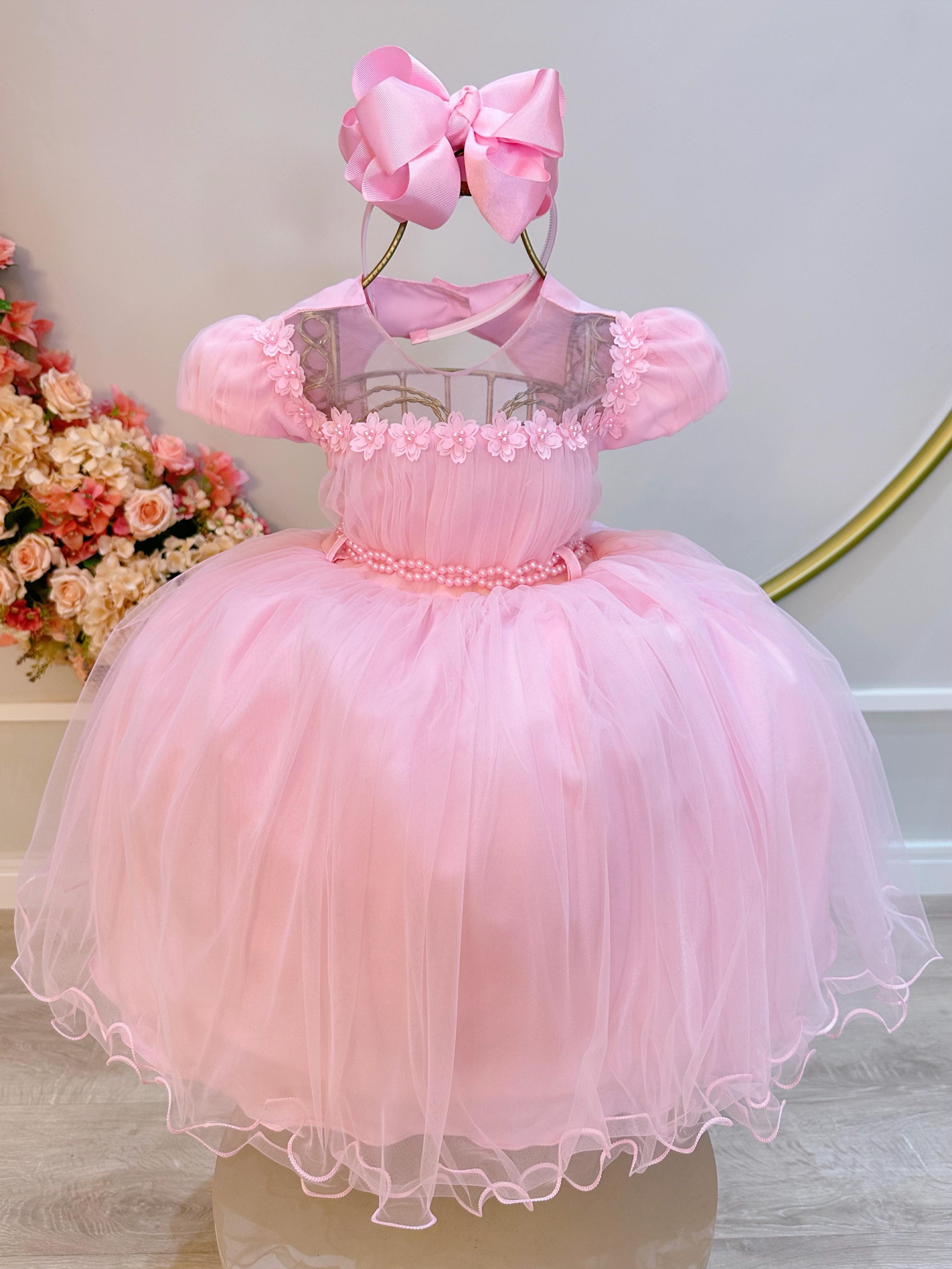 Vestido Infantil Rosa Claro Busto Com Apliques Daminhas