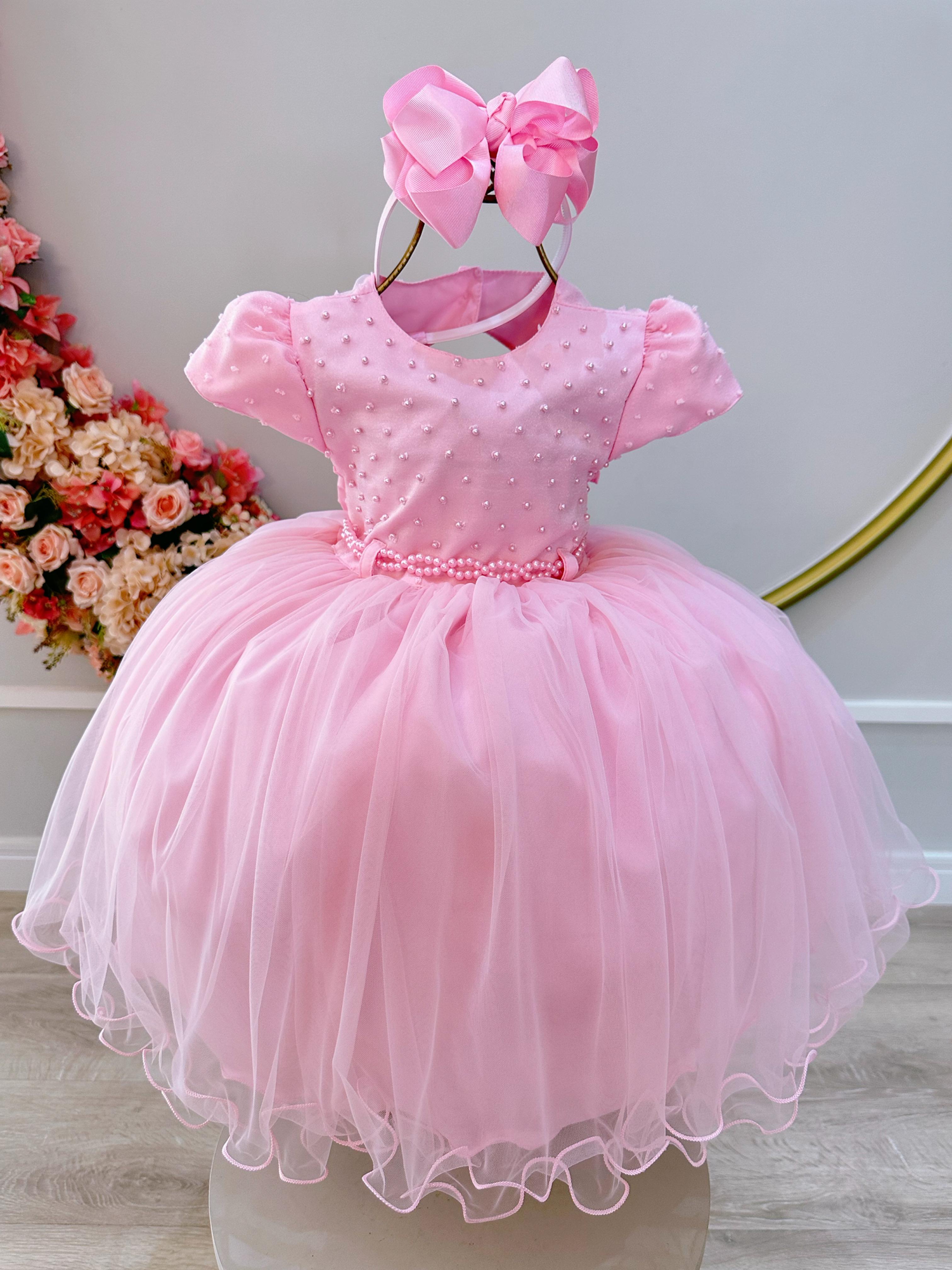 Vestido Infantil Rosa Claro Busto Com Pérolas Daminhas