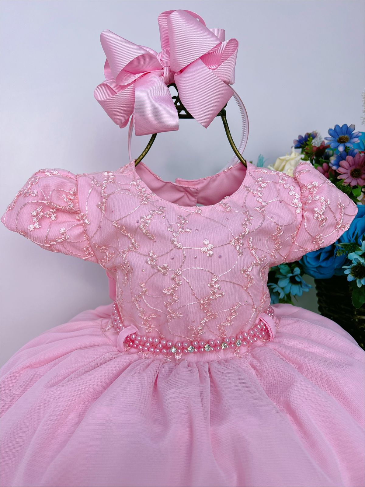 Vestido Infantil Moana Baby Luxo Princesas Renda e Pérolas - Rosa Charmosa  Atacado