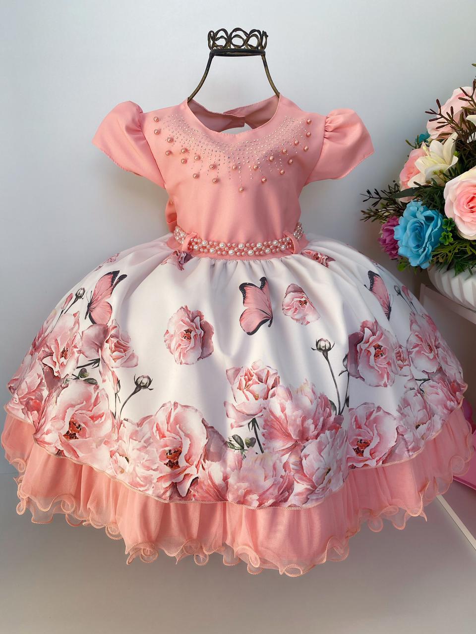 Vestido Infantil Rosa Floral Princesa Luxo Festa Aniversário