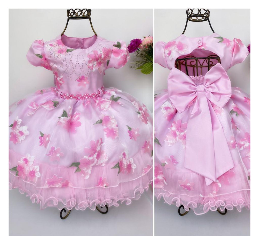 Vestido Infantil Rosa Floral Strass Luxo Princesas Festas