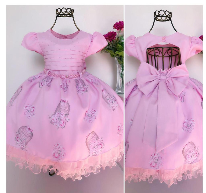 Vestido Infantil Rosa Flores Cinto Pérolas e Strass