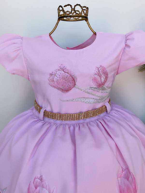 Vestido Infantil Rosa Flores Luxo Festa Princesa Anivers Rio Rosa Charmosa Atacado