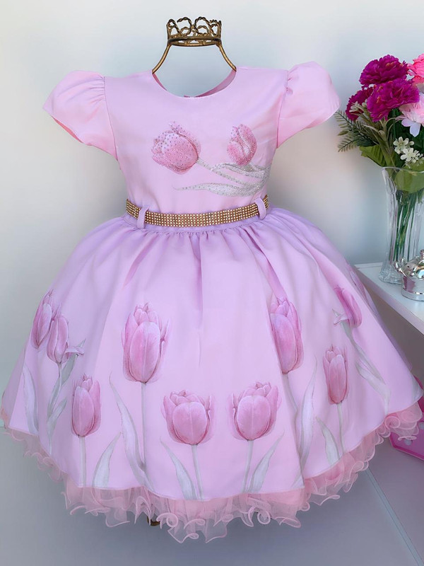 Vestido Infantil Rosa Flores Luxo Festa Princesa Aniversário