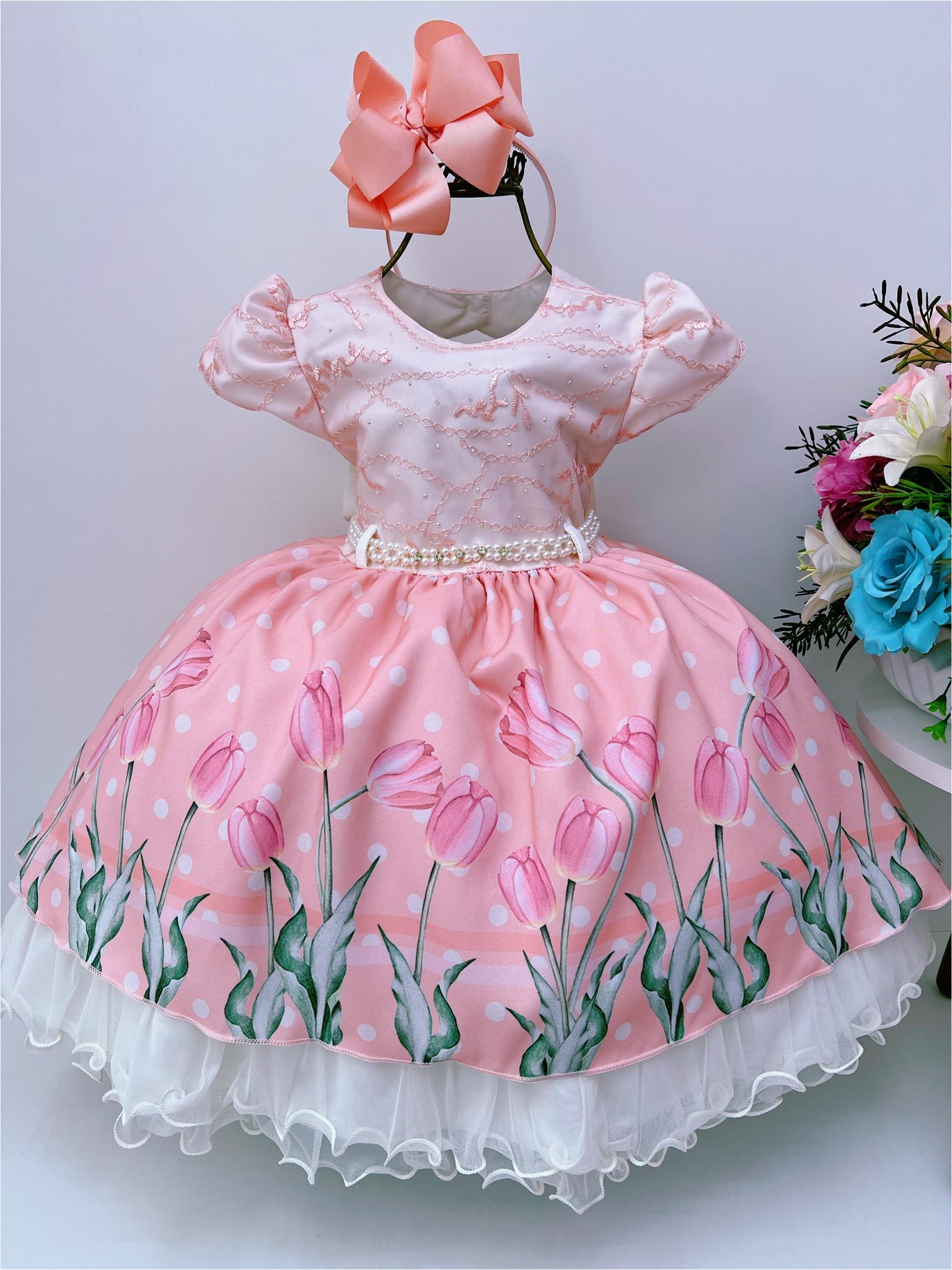Vestido Infantil Rosa Flores Tulipas Cinto de Pérolas