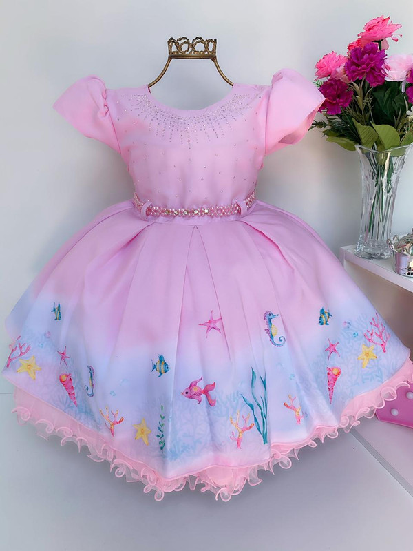Vestido Infantil Rosa Fundo do Mar Luxo Princesas Festas