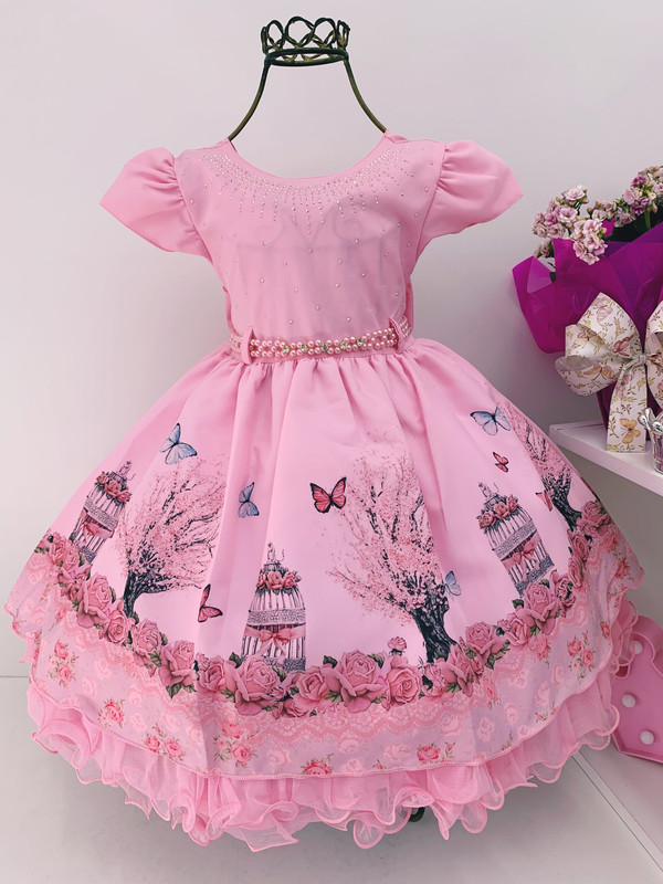 Vestido Infantil Rosa Jardim das Borboletas Luxo Aniversário