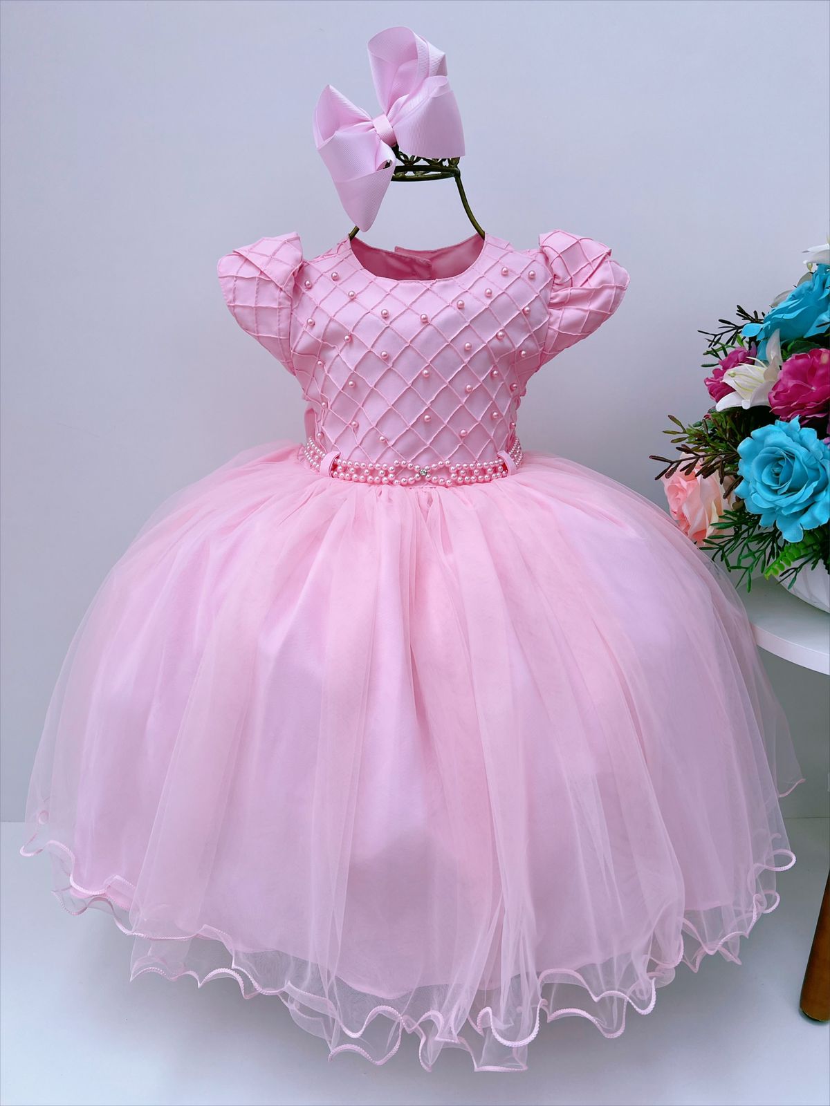 Vestido Infantil Rosa Realeza Cinto Pérola Luxo