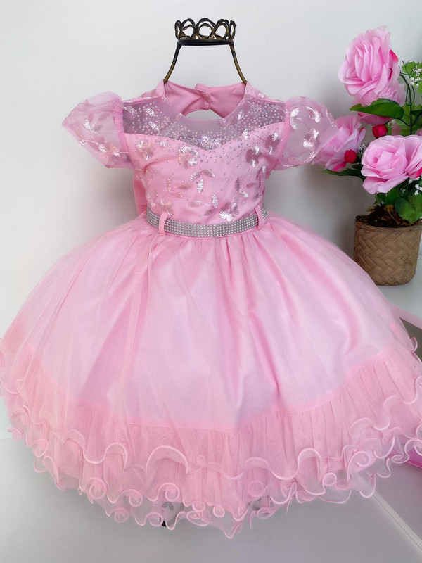 Vestido Infantil Rosa Renda Babados Cinto Strass Luxo