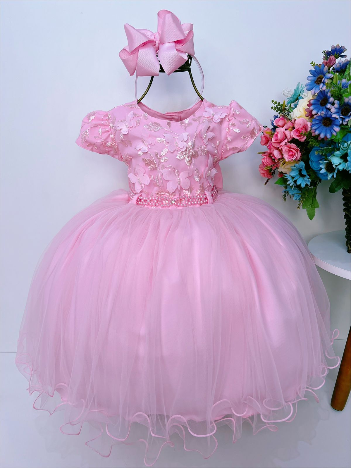 Vestido Infantil Rosa Renda C/ Aplique de Borboleta Pérolas