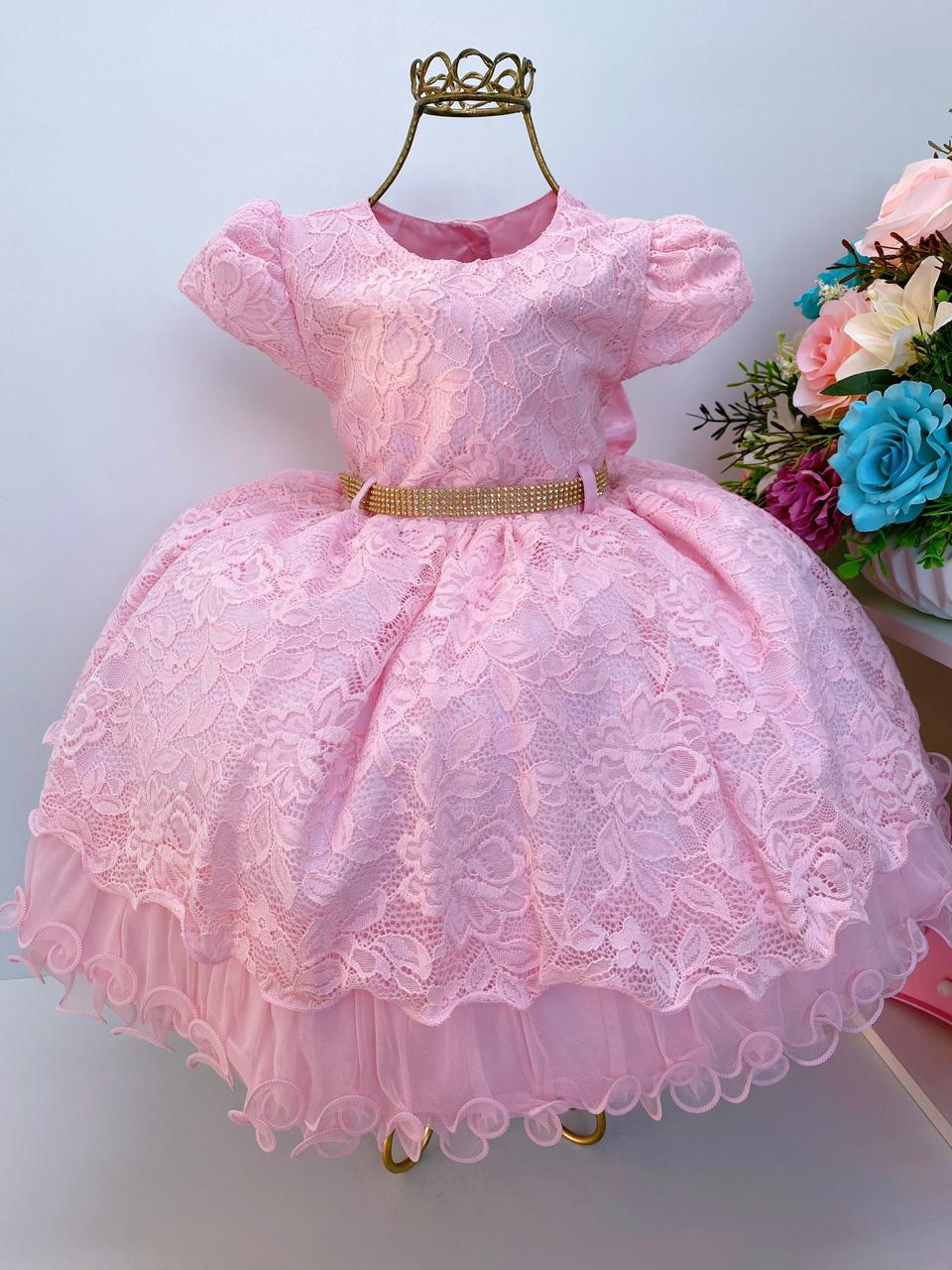 Vestido Infantil Rosa Renda Realeza Cinto Strass Luxo
