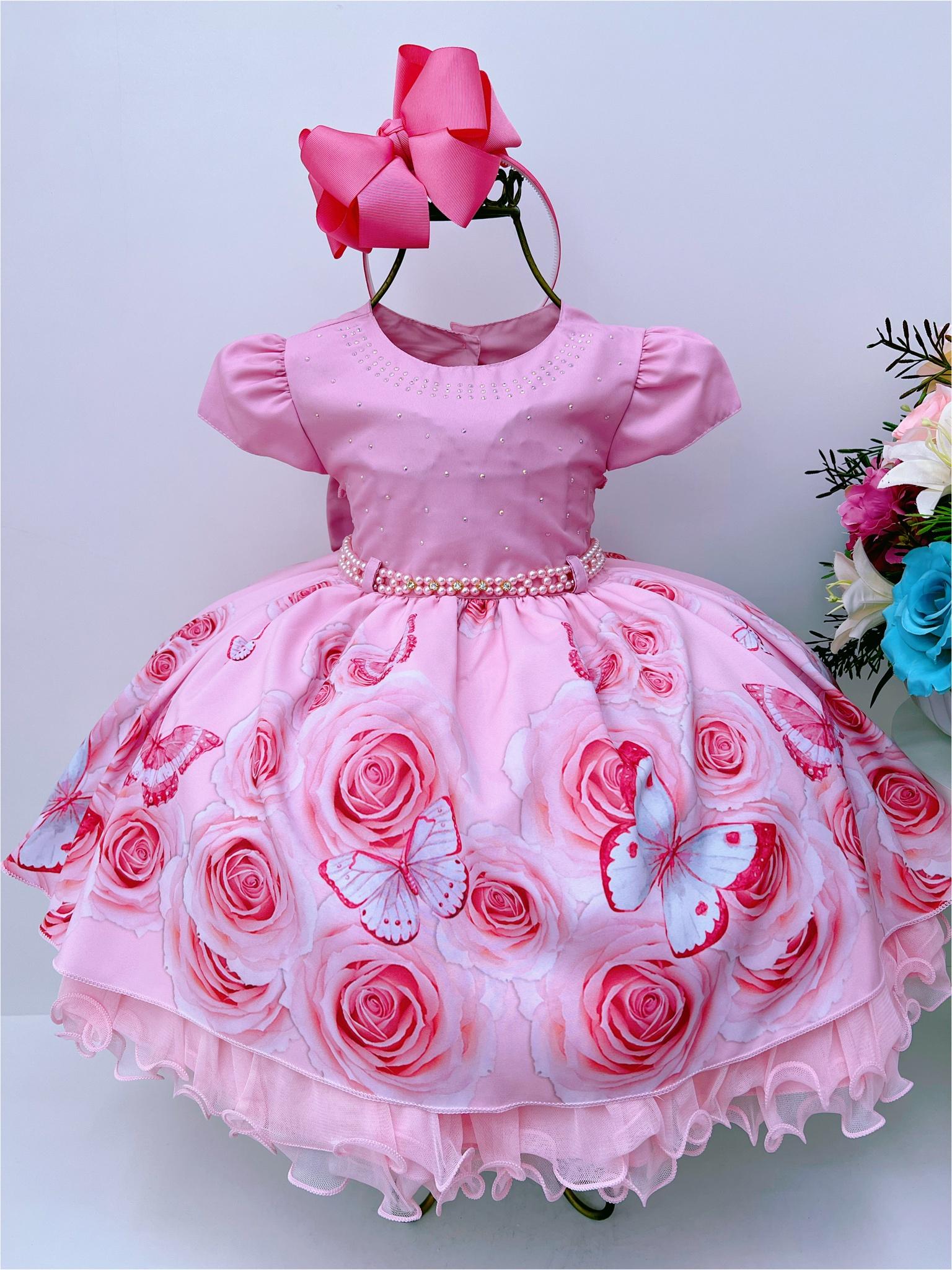 Vestido Infantil Rosa Saia Floral Cinto Pérolas e Apliques