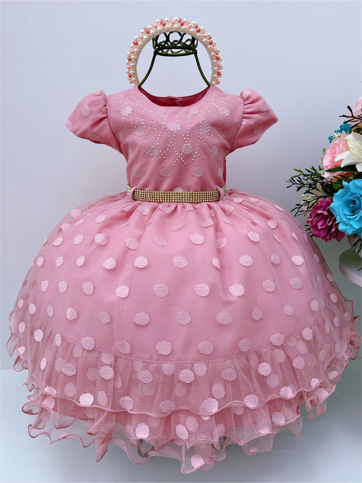 Vestido Infantil Rosê Bolinhas e Cinto de Strass