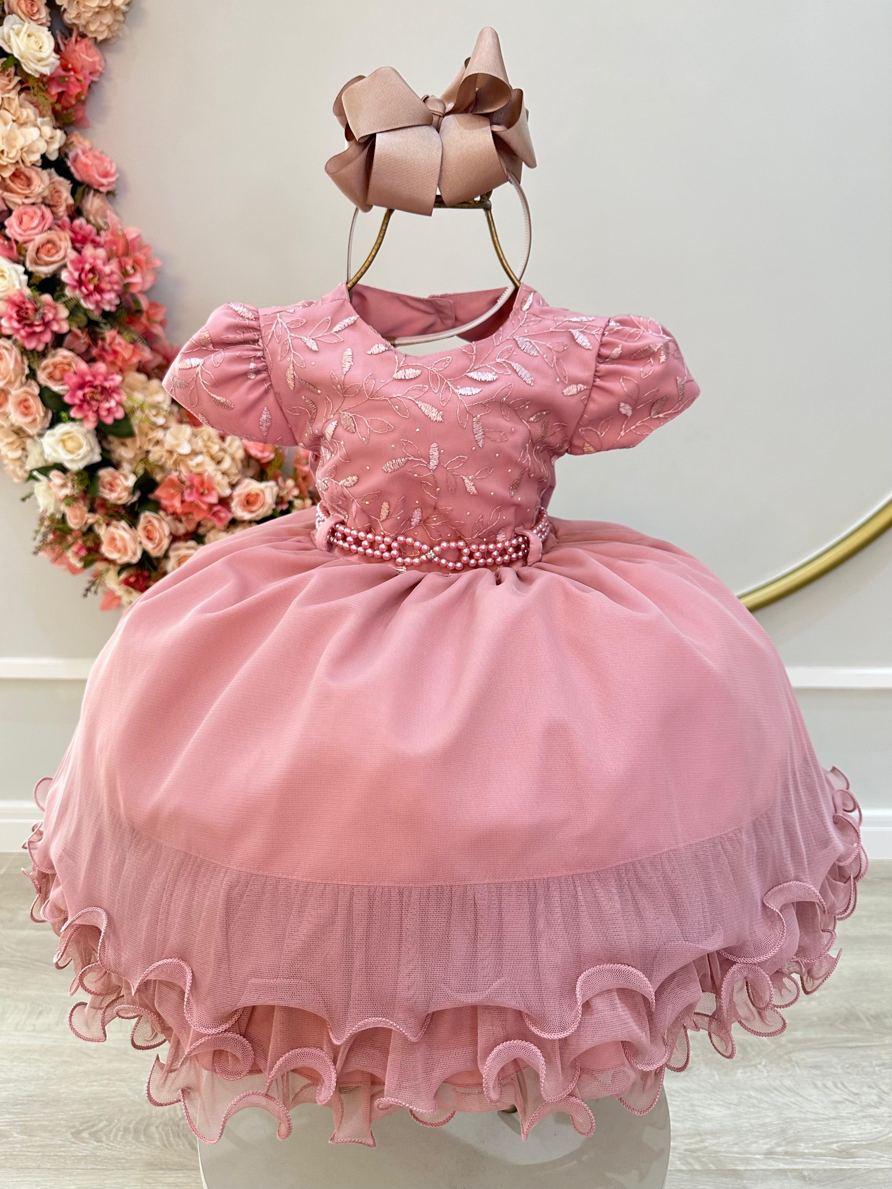 Vestido Infantil Rose e Busto C/ Renda Luxo Saia Com Babados