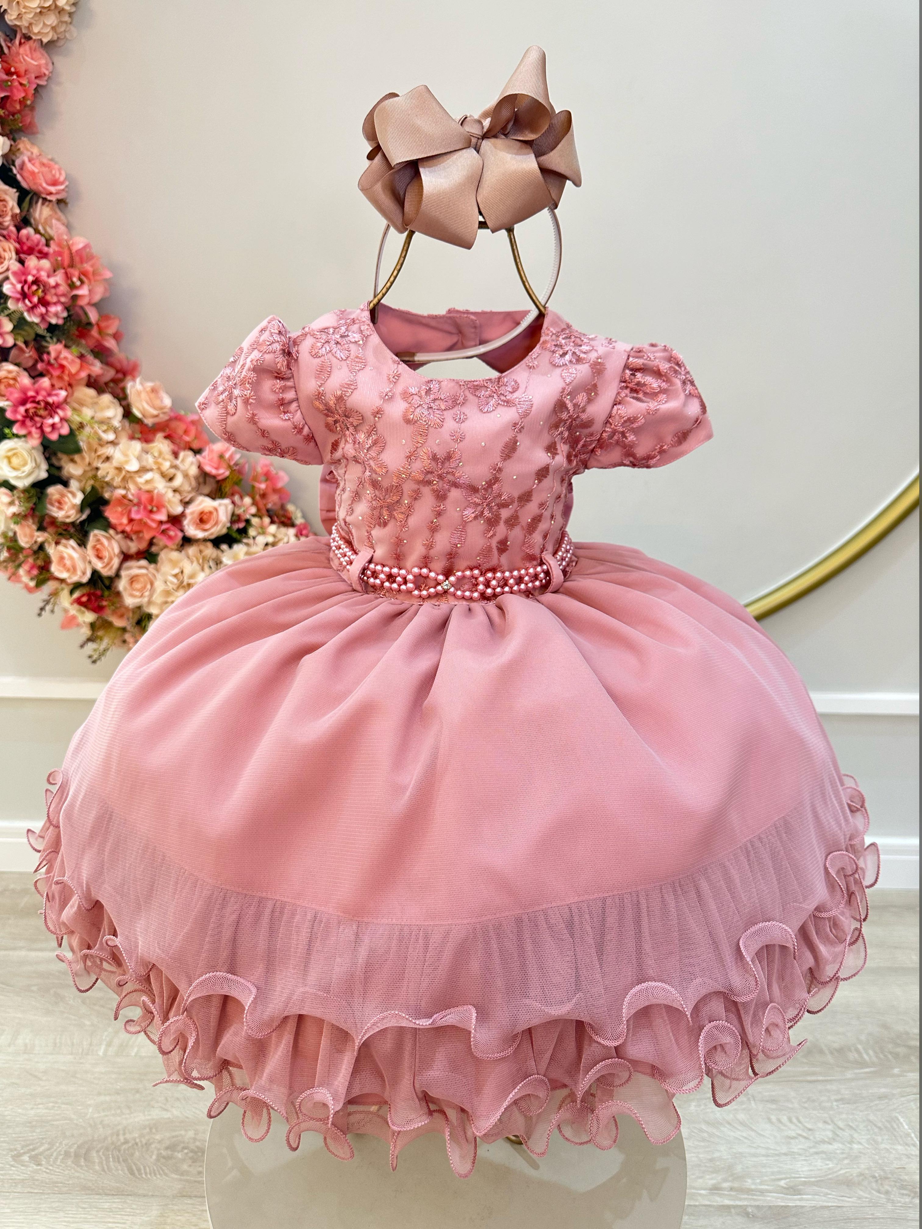 Vestido Infantil Rose e Saia Babados Busto C/ Renda Luxo