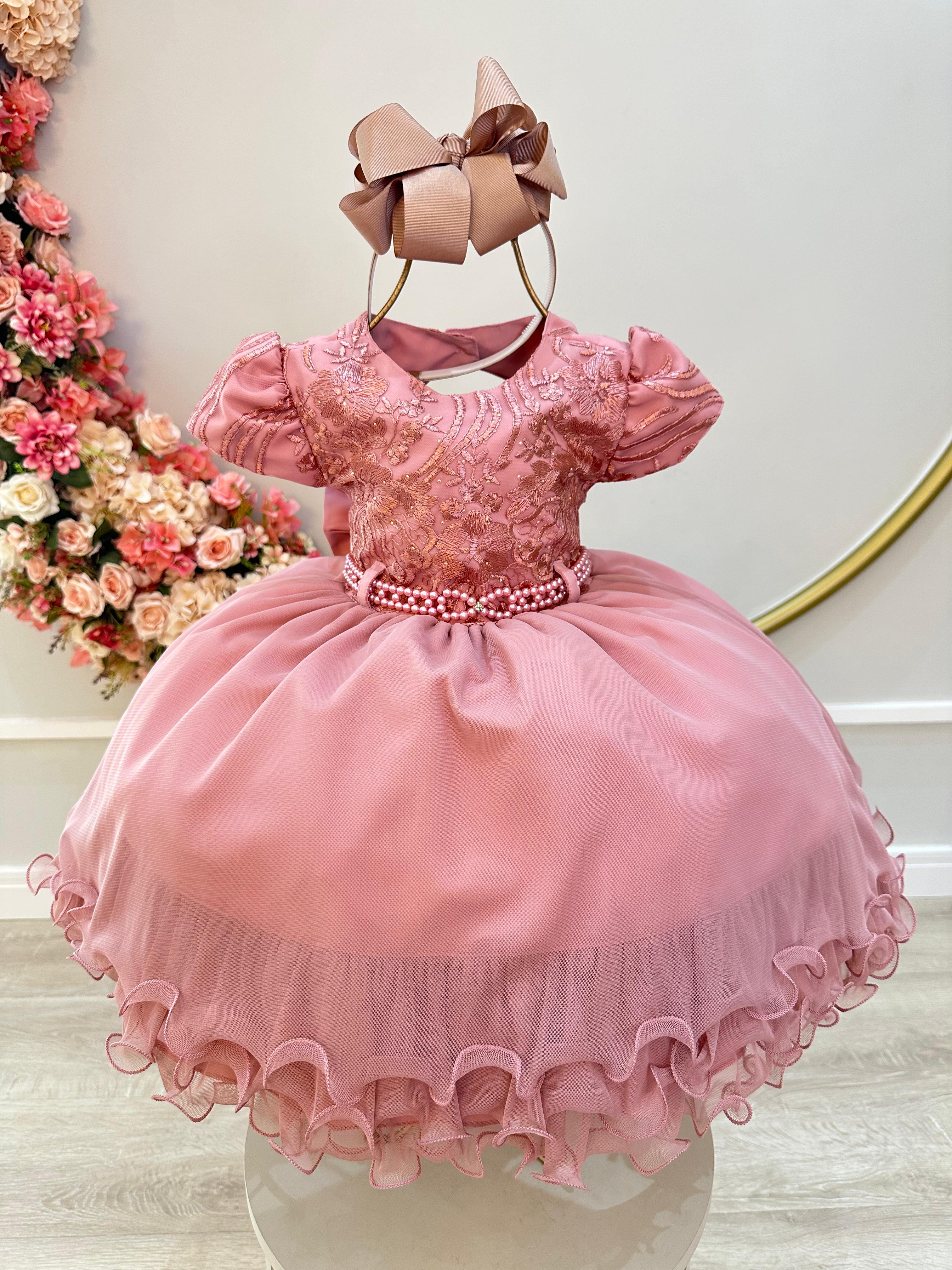 Vestido Infantil Rose e Saia Com Babados e Renda Luxo