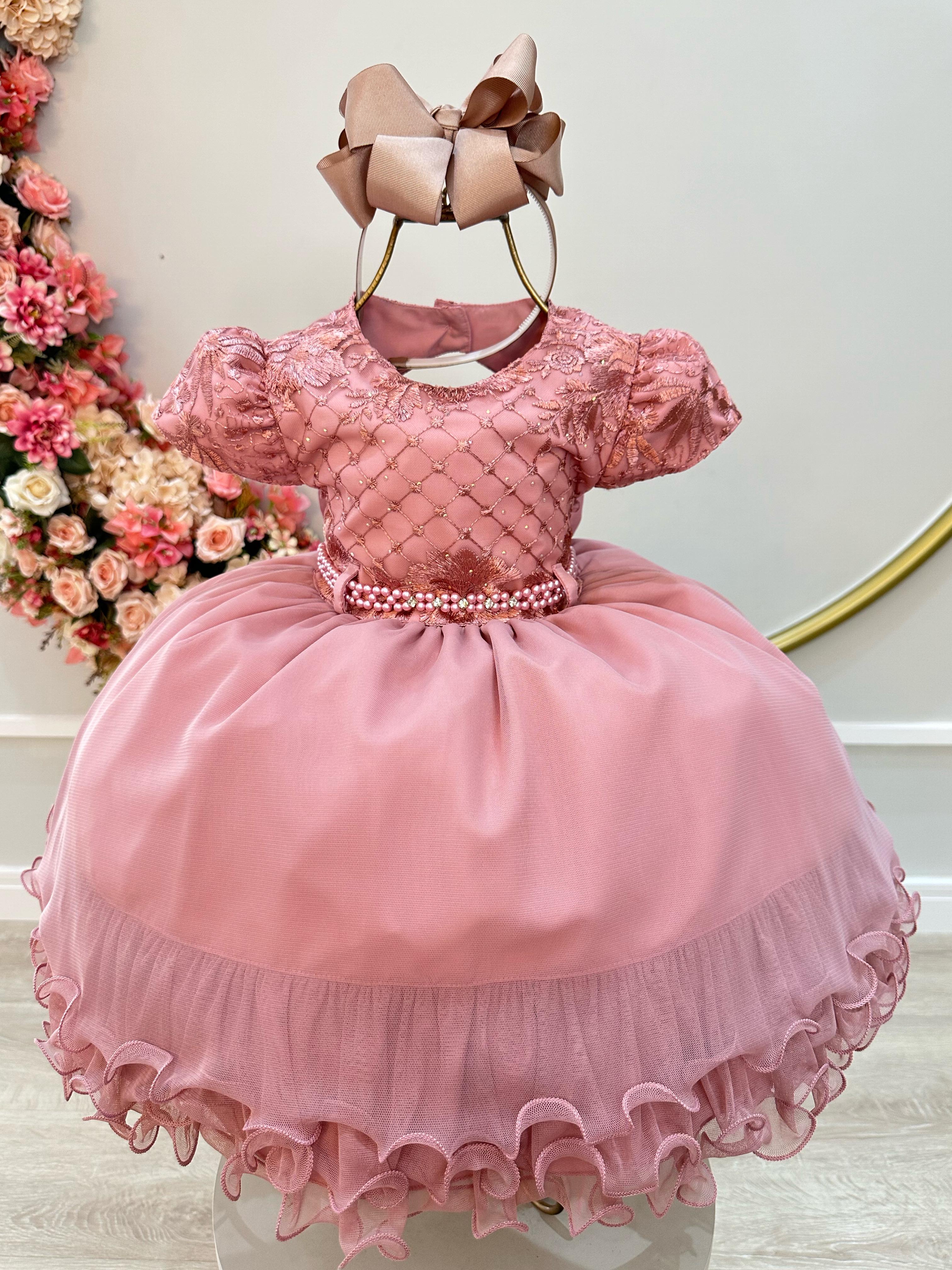 Vestido Infantil Rose Luxo Busto C/ Renda e Saia Com Babados