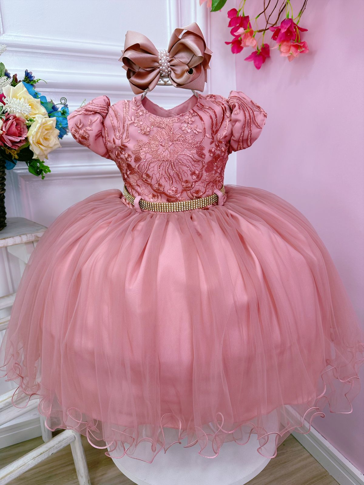 Vestido Infantil Rose Peito e Cinto com Strass de Renda