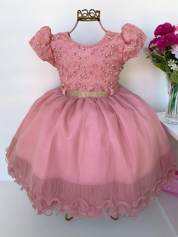 Vestido Infantil Rosê Renda Princesa Luxo Festa Aniversário