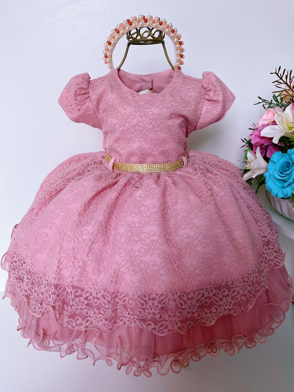 Vestido Infantil Rosê Renda Realeza Cinto Strass Luxo