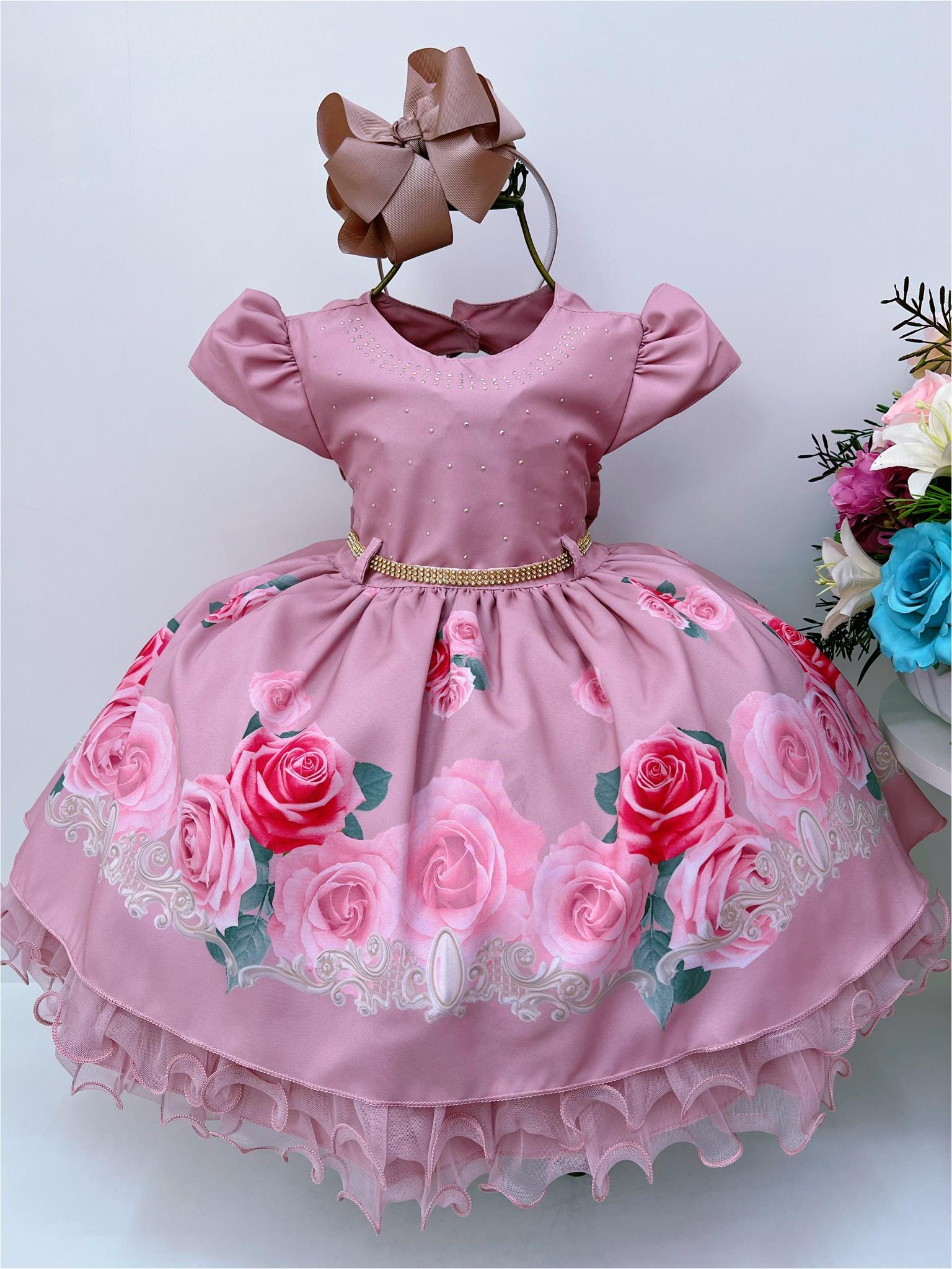 Vestido Infantil Rosê Rosas Cinto de Pérolas Strass Luxo