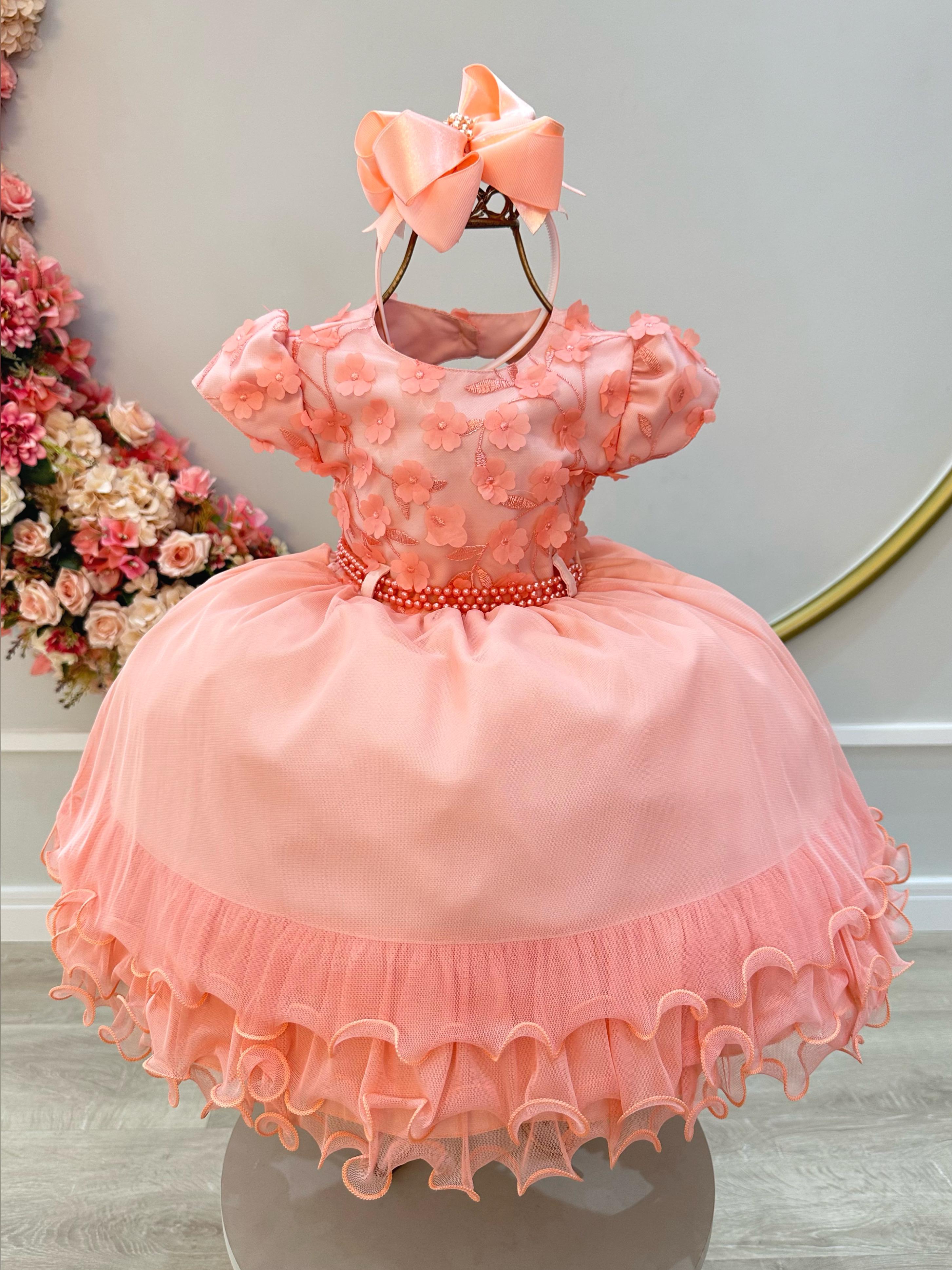 Vestido Infantil Salmão C/ Apliques de Flores e Renda Luxo