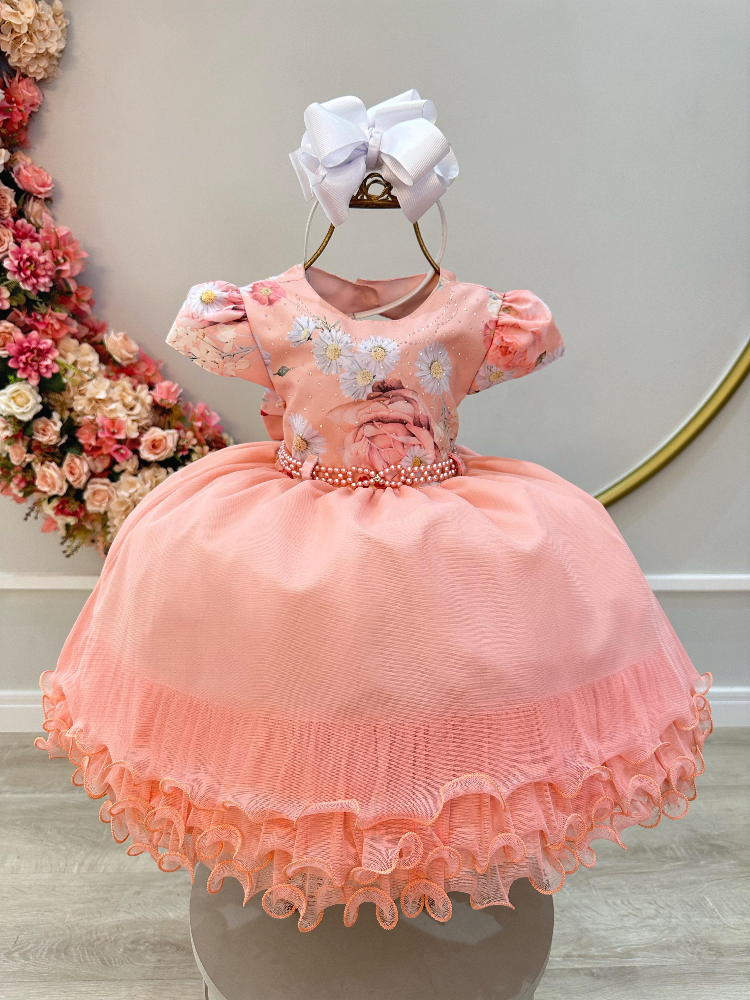 Vestido Infantil Salmão e Saia Babados Busto Florido Strass