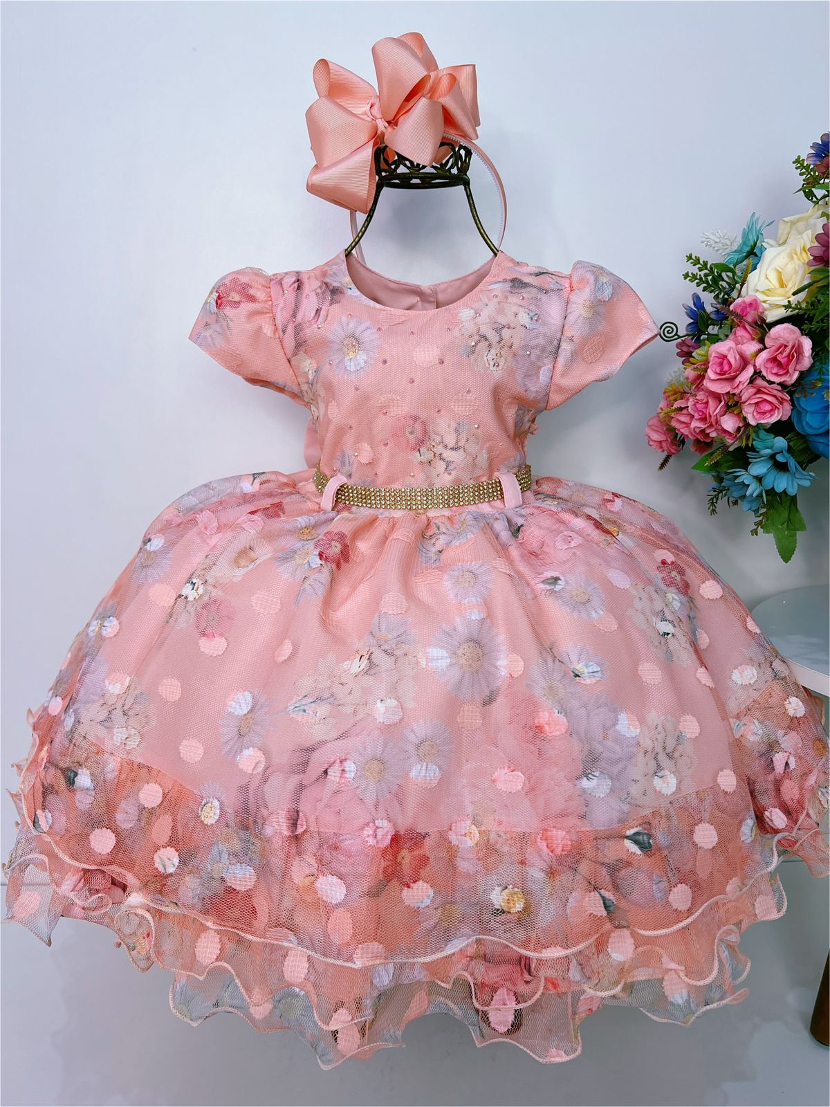 Vestido Infantil Salmão Florido C/ Bolinhas e Strass Luxo