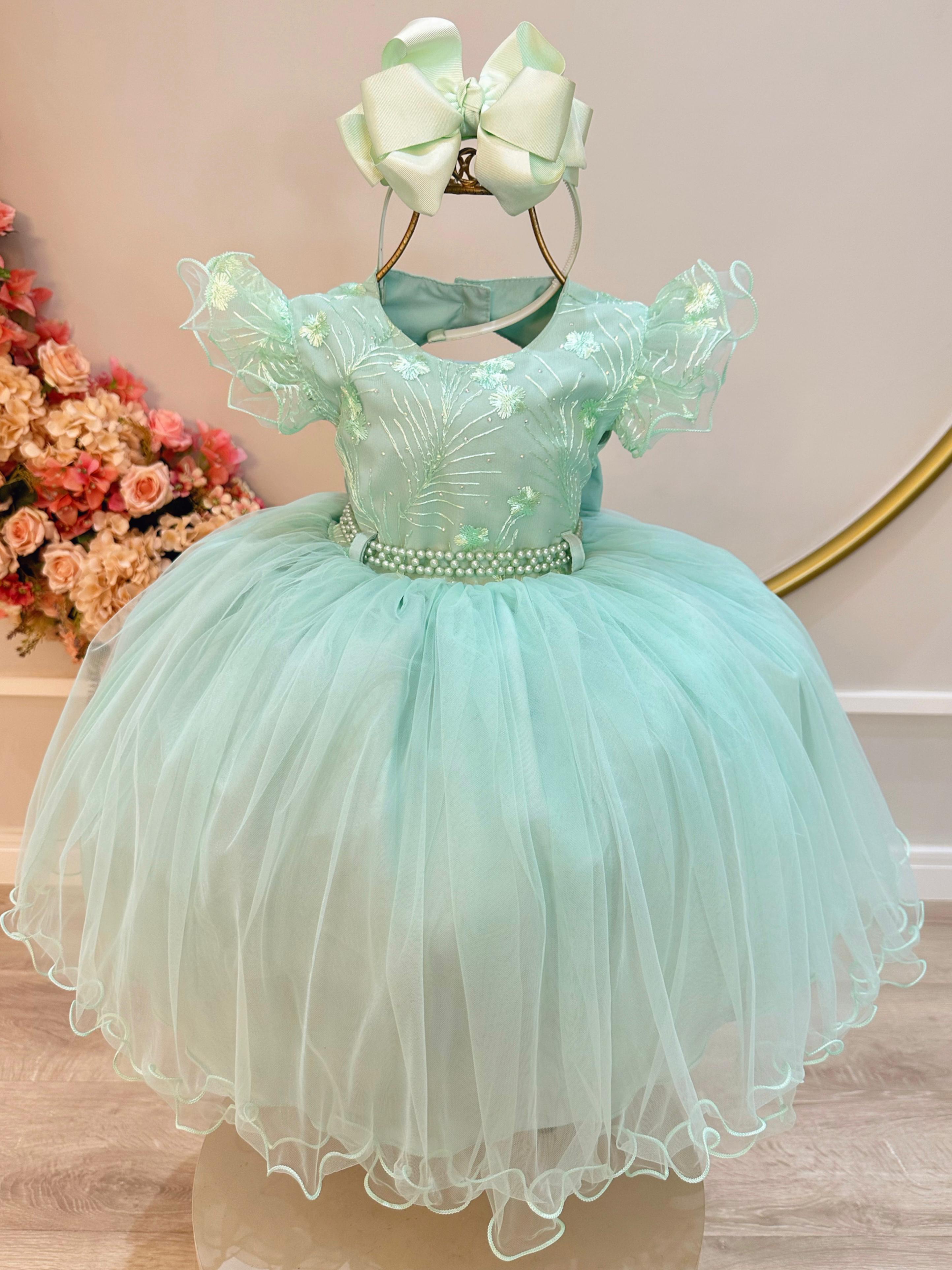 Vestido Infantil Verde Busto Com Renda e Strass Daminhas