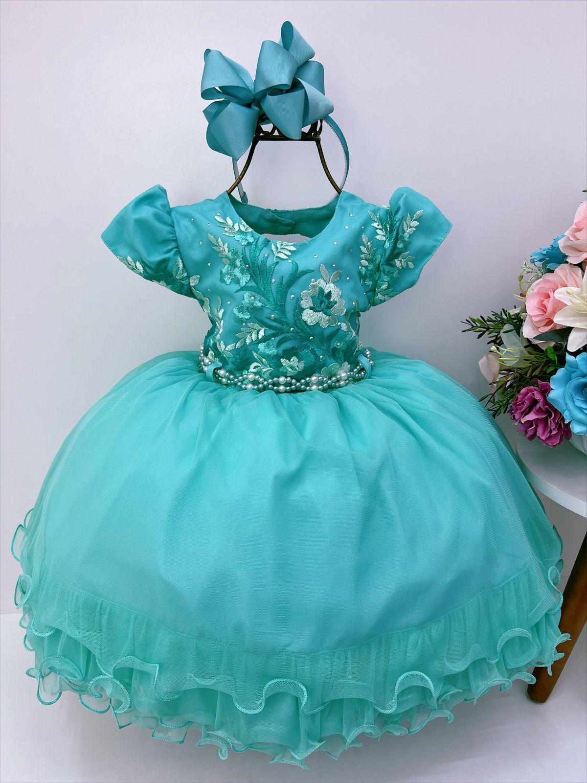 Vestido Infantil Verde C/ Renda Cinto Pérolas Princesas