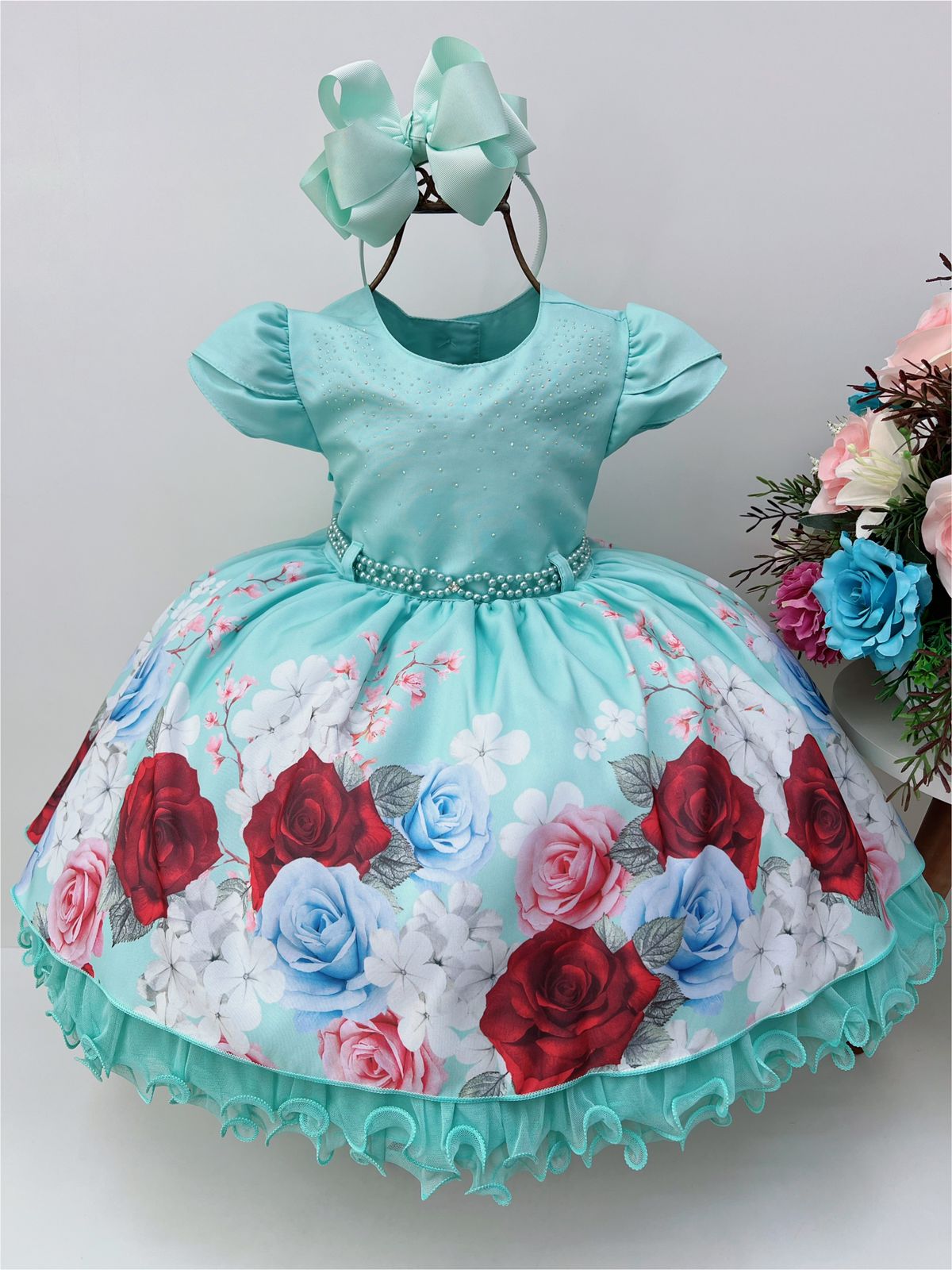 Vestido Infantil Verde Busto C/ Strass e Pérolas Florido